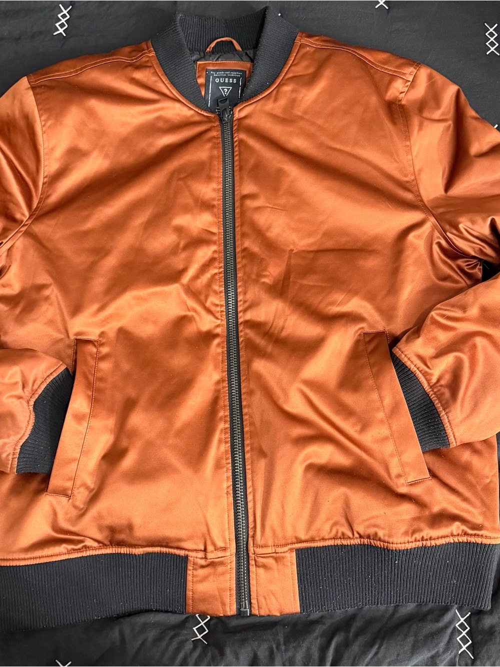 GUESS Copper Orange Satin Bomber Jacket with Black Trim